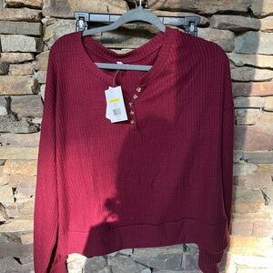 True Craft Red Ribbed Long Sleeve Polo Blouse